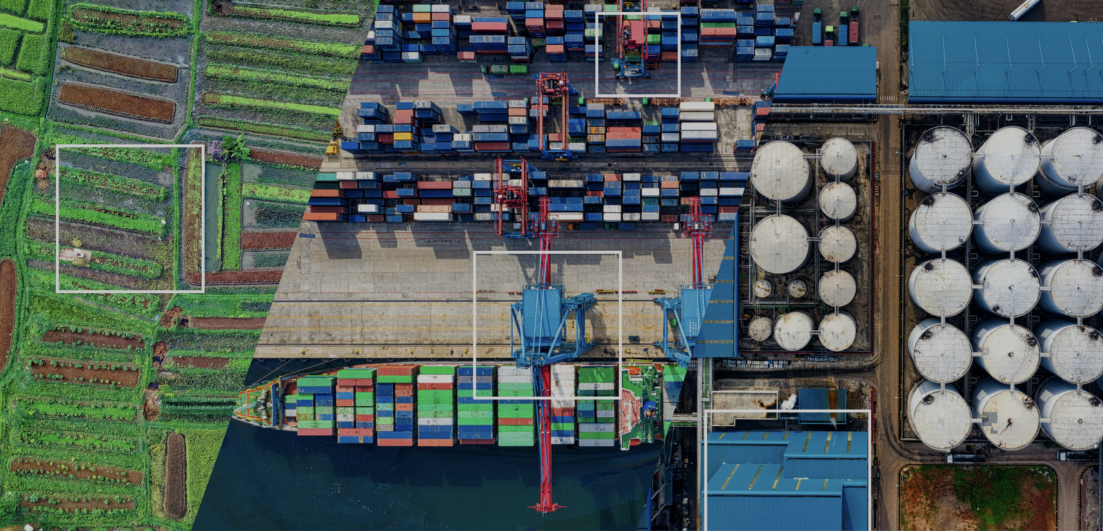 Search space reduction — satellite tiles with detection boxes over ports, farms, and industrial sites