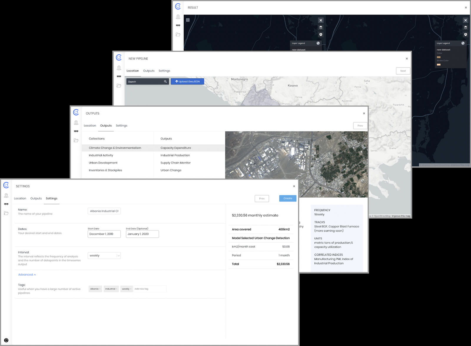 GeoEngine pipeline UI — location, outputs, settings, and deployment views